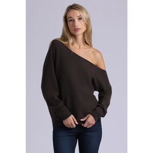 Minnie Rose L Womens Long Sleeve Off The Shoulder Cashmere Brown Sweater NWT